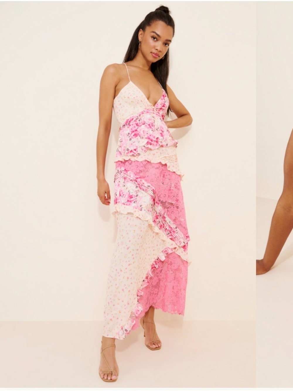 For Love & Lemons Pink Floral Ruffle Maxi Slip Dress